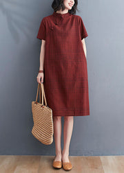 Chinese Style Red Plaid Patchwork Cotton Mid Dress Short Sleeve