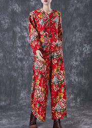 Chinese Style Red Print Oriental Linen Women Two Piece Set Fall