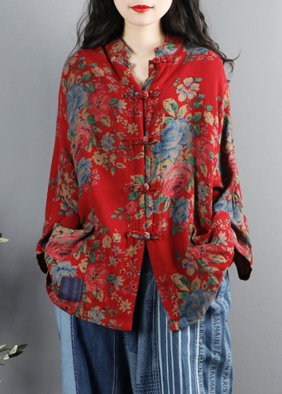 Chinese Style Blue-flower Print Pockets Button Patchwork Cotton Coats Long Sleeve