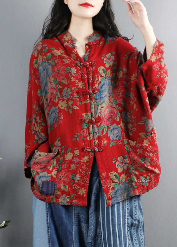 Chinese Style Blue-flower Print Pockets Button Patchwork Cotton Coats Long Sleeve