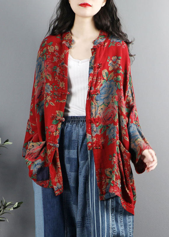 Chinese Style Purple Print Pockets Button Patchwork Cotton Coats Long Sleeve