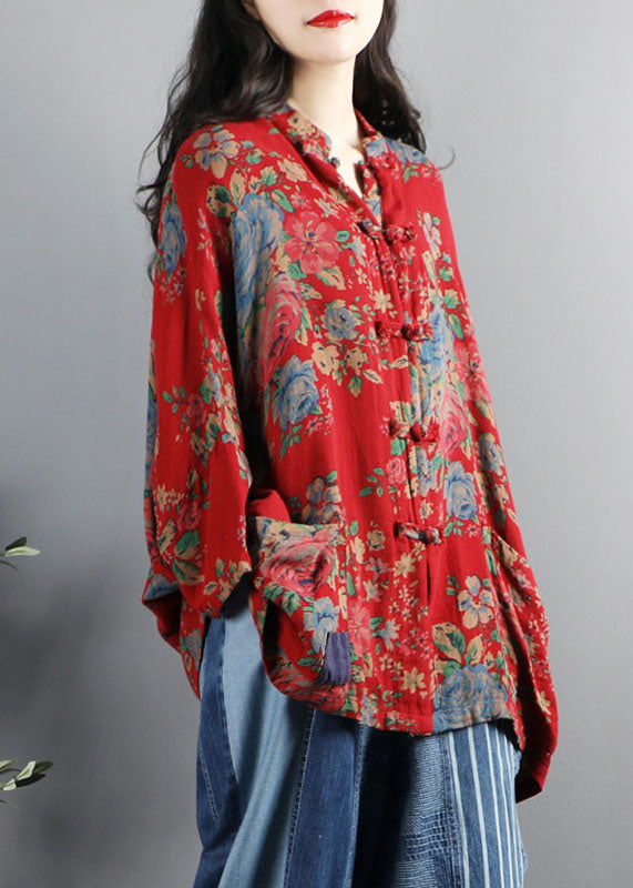 Chinese Style Green Print Pockets Button Patchwork Cotton Coats Long Sleeve