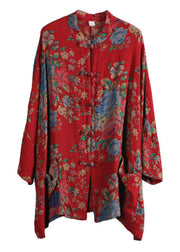 Chinese Style Yellow Print Pockets Button Patchwork Cotton Coats Long Sleeve