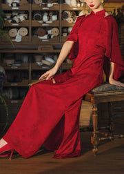 Chinese Style Red Stand Collar Backless Patchwork Silk Dresses Fall