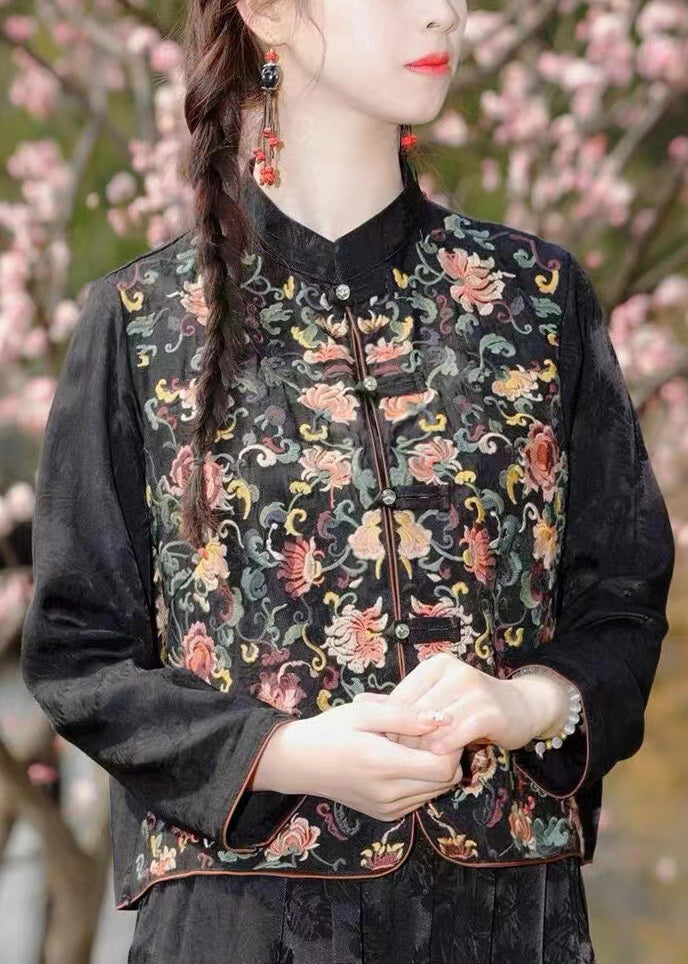 Chinese Style Red Stand Collar Embroideried Patchwork Silk Coat Fall