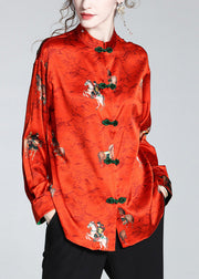 Chinese Style Red Stand Collar Print Button Silk Coats Spring