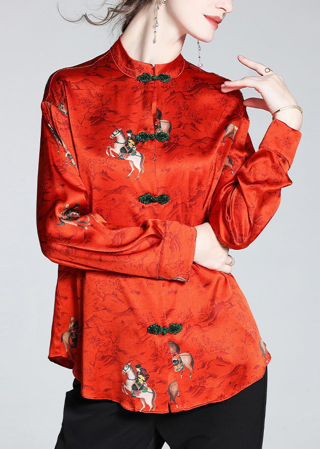 Chinese Style Red Stand Collar Print Button Silk Coats Spring