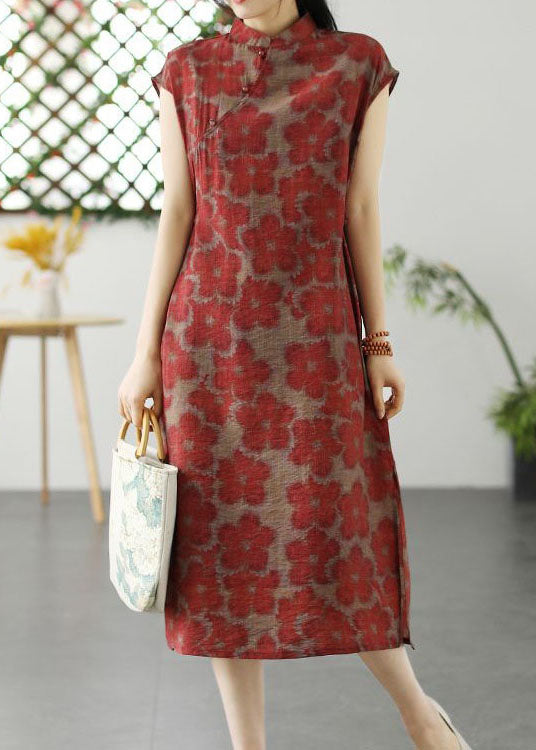 Chinese Style Red Stand Collar Print Patchwork Linen Dress Summer