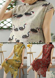 Chinese Style Red Stand Collar Print Patchwork Linen Dress Summer