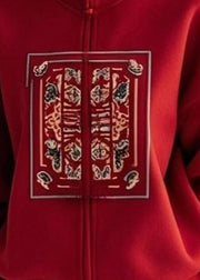 Chinese Style Red Stand Collar Print Zippered Fall Coats