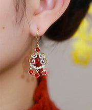 Chinese Style Red Sterling Silver Overgild Zircon Auspicious Clouds Ping Buckle Drop Earrings