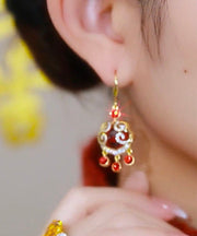 Chinese Style Red Sterling Silver Overgild Zircon Auspicious Clouds Ping Buckle Drop Earrings