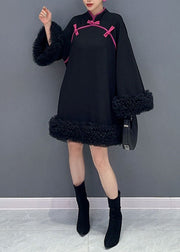 Chinese Style Rose Stand Collar Tulle Patchwork Mid Dress Long Sleeve