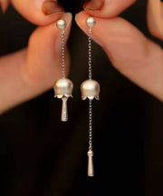 Chinese Style Silk Sterling Silver Aasymmetric Tassel Drop Earrings