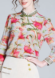 Chinese Style Stand Collar Print Button Silk Tops Long Sleeve