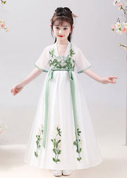 Chinese Style White Embroideried Tie Waist Patchwork Chiffon Kids Girls Dresses Summer