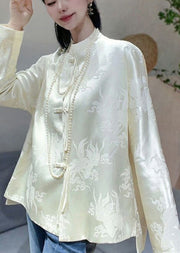 Chinese Style White Jacquard Chinese Button Silk Blouses Fall