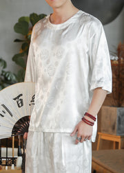 Chinese Style White Jacquard Ice Silk Oversized T Shirt Men Summer