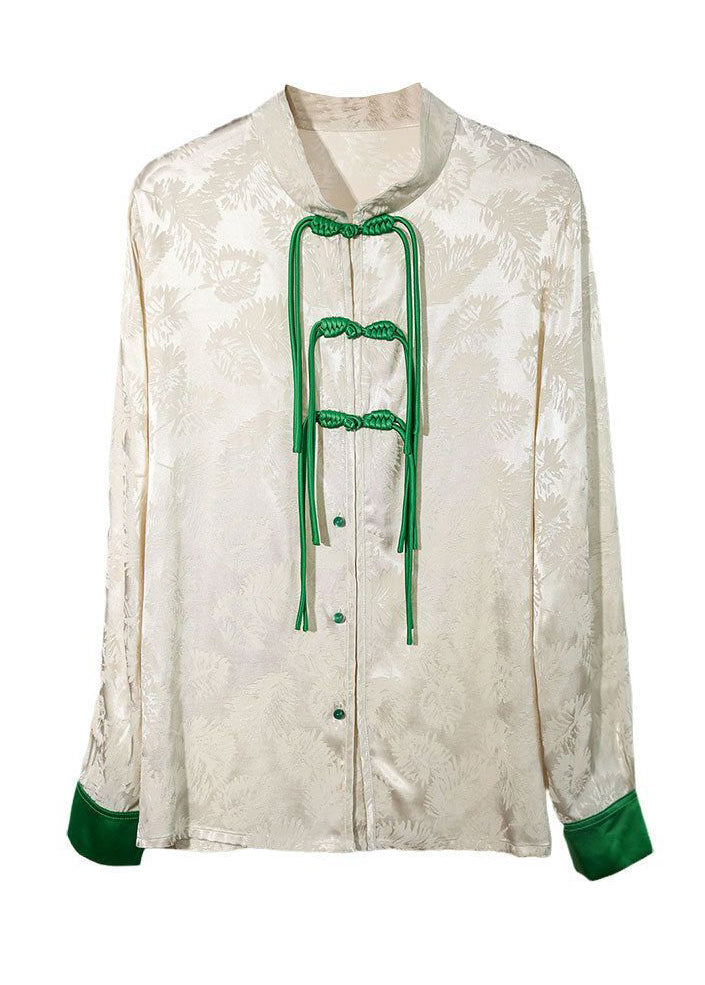 Chinese Style White Mandarin Collar Jacquard Tassel Silk Shirt Spring