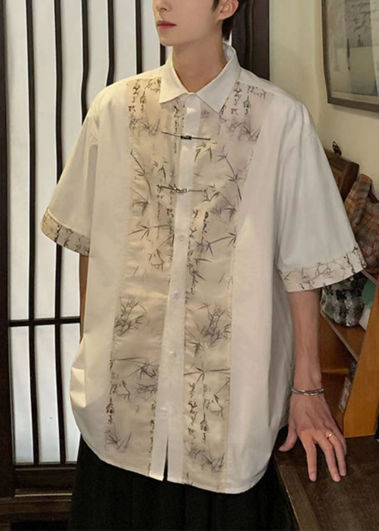 Chinese Style White Peter Pan Collar Print Ice Silk Shirt Men Summer