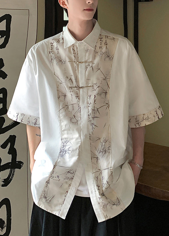 Chinese Style White Peter Pan Collar Print Ice Silk Shirt Men Summer