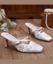 Chinese Style White Satin Embroidery High Heel Slippers