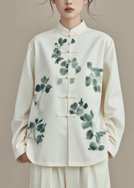 Chinese Style White Stand Collar Print Coats Fall