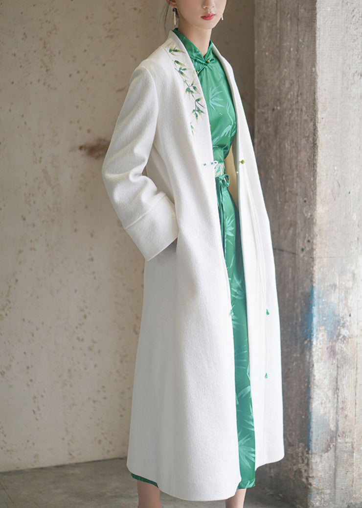 Chinese Style White Tasseled Embroidered Pockets Woolen Coats Winter