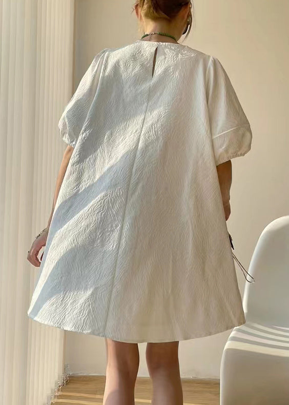 Chinese Style White Tasseled Patchwork Cotton Mid Dress Puff Sleeve