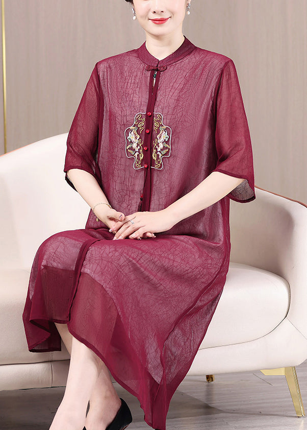 Chinese Style Wine Red Stand Collar Embroideried Patchwork Dress Summer