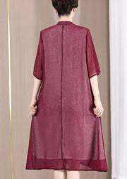 Chinese Style Wine Red Stand Collar Embroideried Patchwork Dress Summer