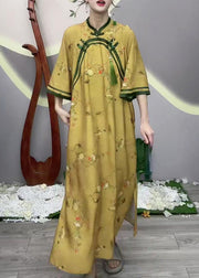 Chinese Style Yellow Button Print Cotton Long Dress Half Sleeve