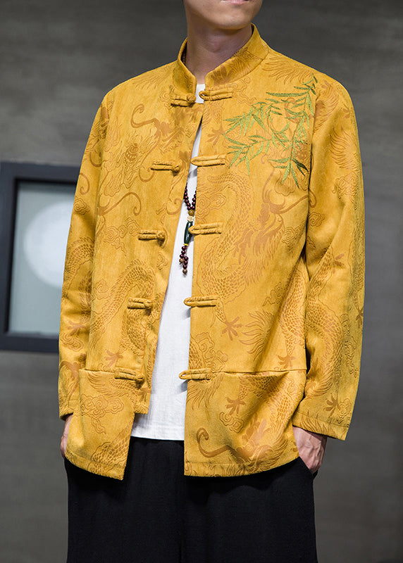 Chinese Style Yellow Embroideried Button Coats Spring