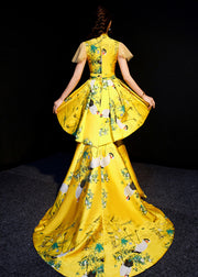 Chinese Style Yellow Embroidered Wrinkled Patchwork Silk Vacation Dresses Summer