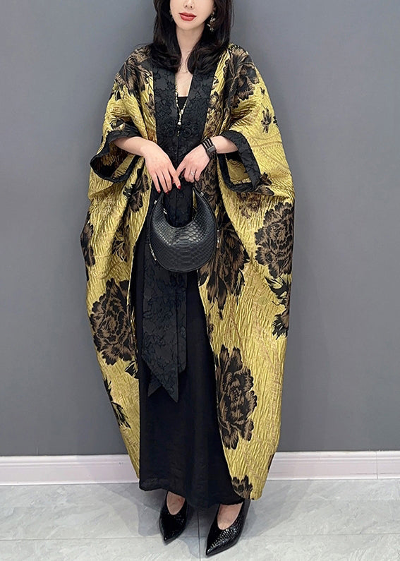 Chinese Style Yellow Floral Patchwork Cotton Cardigan Batwing Sleeve