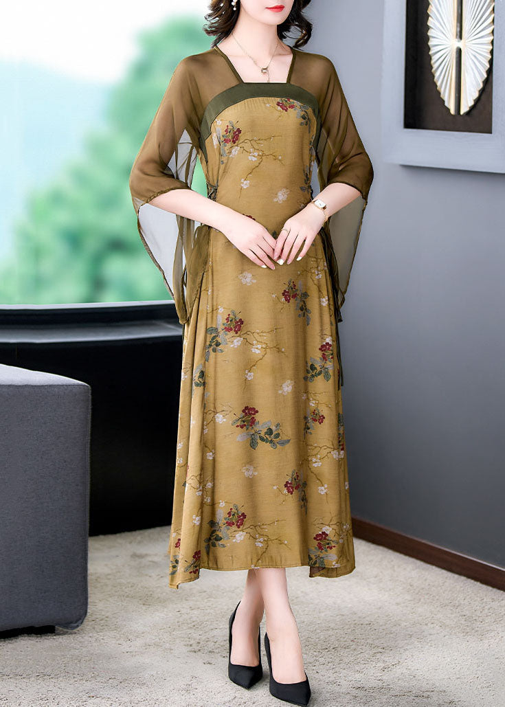 Chinese Style Yellow Print Lace Up Patchwork Silk Long Dress Summer