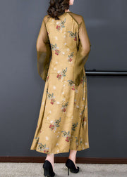 Chinese Style Yellow Print Lace Up Patchwork Silk Long Dress Summer