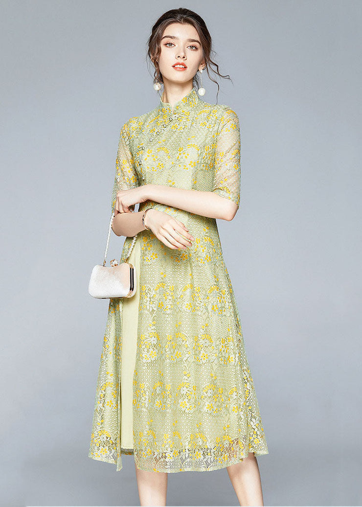 Chinese Style Yellow Stand Collar Button Patchwork Front Open Lace Dress Summer