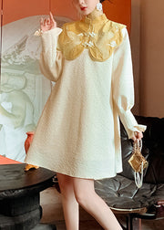 Chinese Style Yellow Stand Collar Embroideried Button Mid Dress Long Sleeve