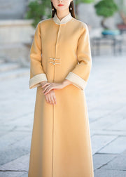 Chinese Style Yellow Stand Collar Pockets Woolen Trench Winter