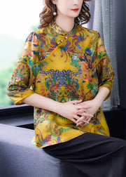 Chinese Style Yellow Stand Collar Print Silk Shirt Top Half Sleeve