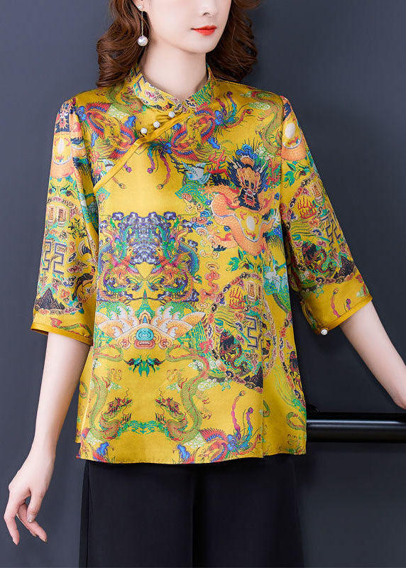 Chinese Style Yellow Stand Collar Print Silk Shirt Top Half Sleeve