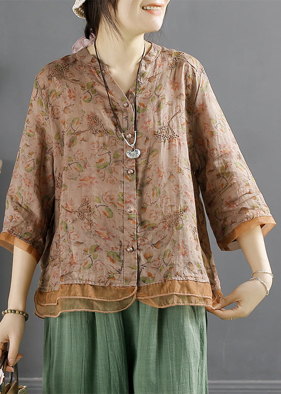 Chinese Style Yellow V Neck Embroidered Linen Shirt Top Summer