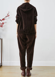 Chocolate Corduroy Sweatshirt Two Piece Set Zip Up Pockets Fall