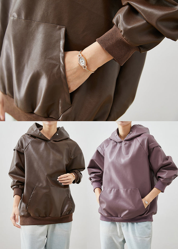 Chocolate Faux Leather Loose Sweatshirt Hooded Fall