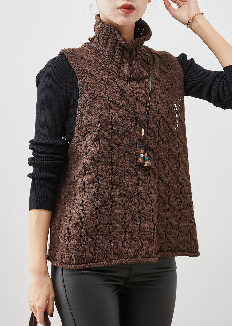 Chocolate Hollow Out Knit Vests Turtle Neck Spring