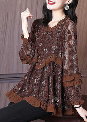 Chocolate Hollow Out Lace Blouse Tops Ruffled Spring