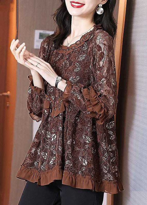 Chocolate Hollow Out Lace Blouse Tops Ruffled Spring