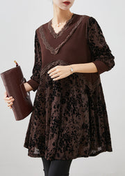 Chocolate Jacquard Patchwork Silk Velour Dresses V Neck Fall