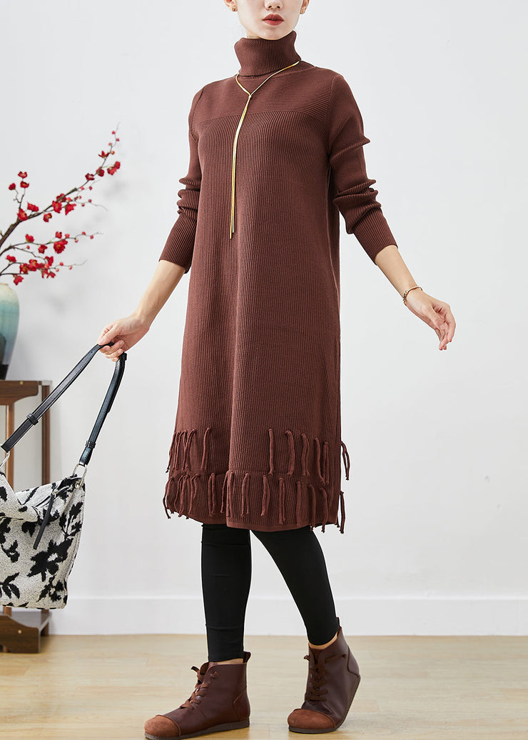 Chocolate Knit Sweater Dress High Neck Tasseled Fall